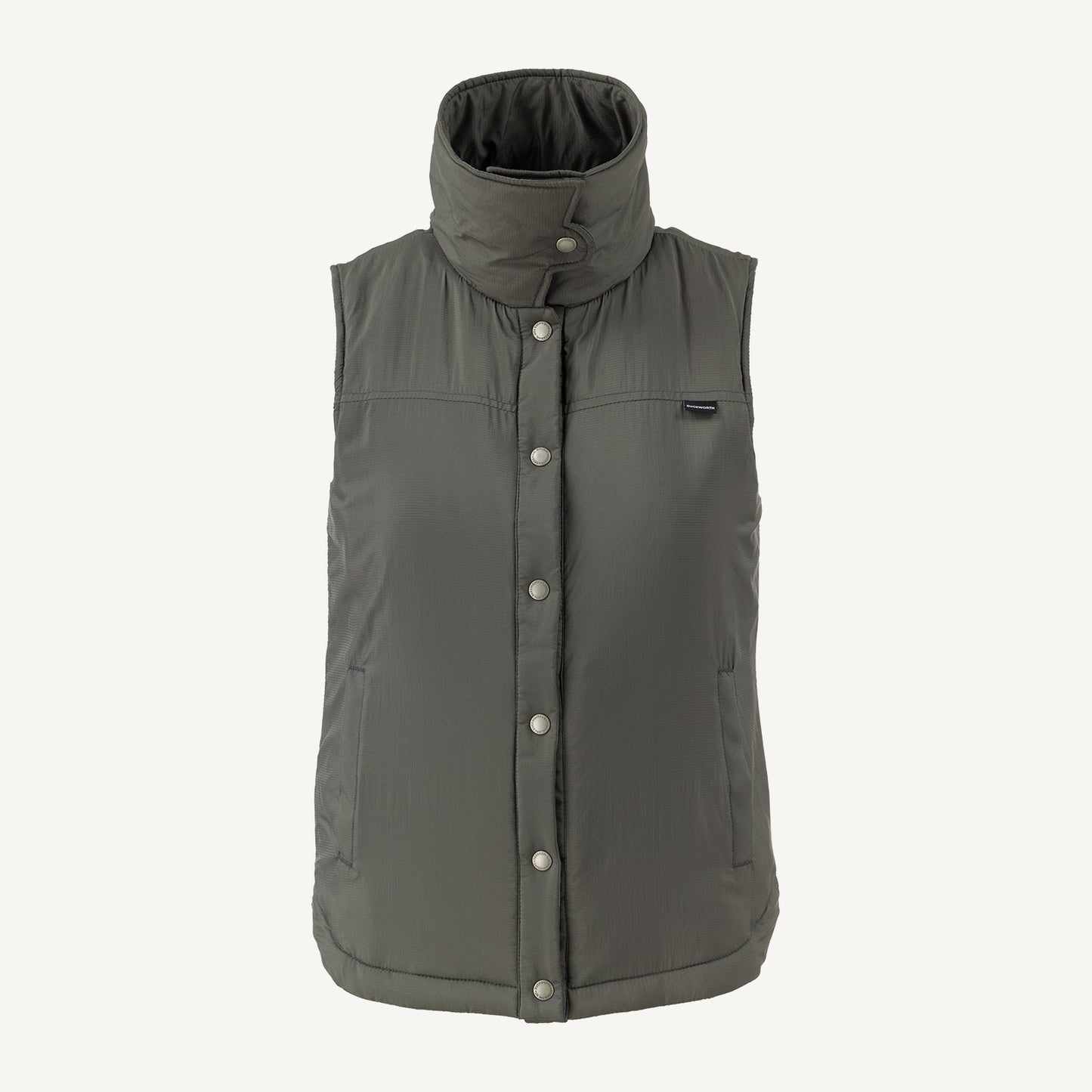 A gray American made Duckworth wool insulated soft shell vest.